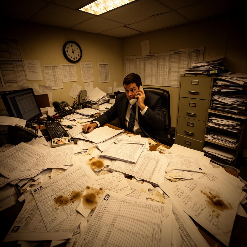 Chaotic security office with messy paperwork and spreadsheets